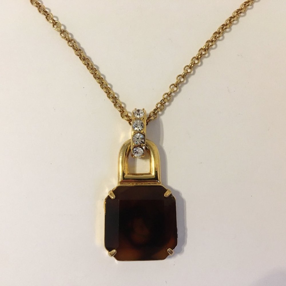 Square Pendant Gold Metal Chain Necklace Brown Acrylic Clear Crystal Rhinestones